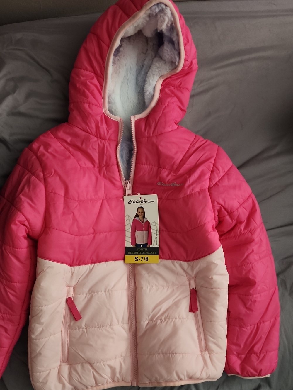 Eddie Bauer Girls' Hooded Reversible Puffer Jacket - Bright Pink & Light Pink